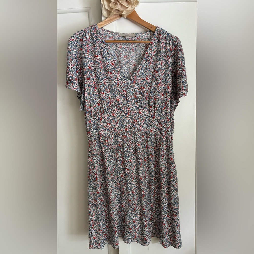 LOFT Pink and Blue Midi Sundress with Flutter Sleeves